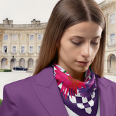 Woman wearing a colourful scarf with a classical building  - The Crescent in the background